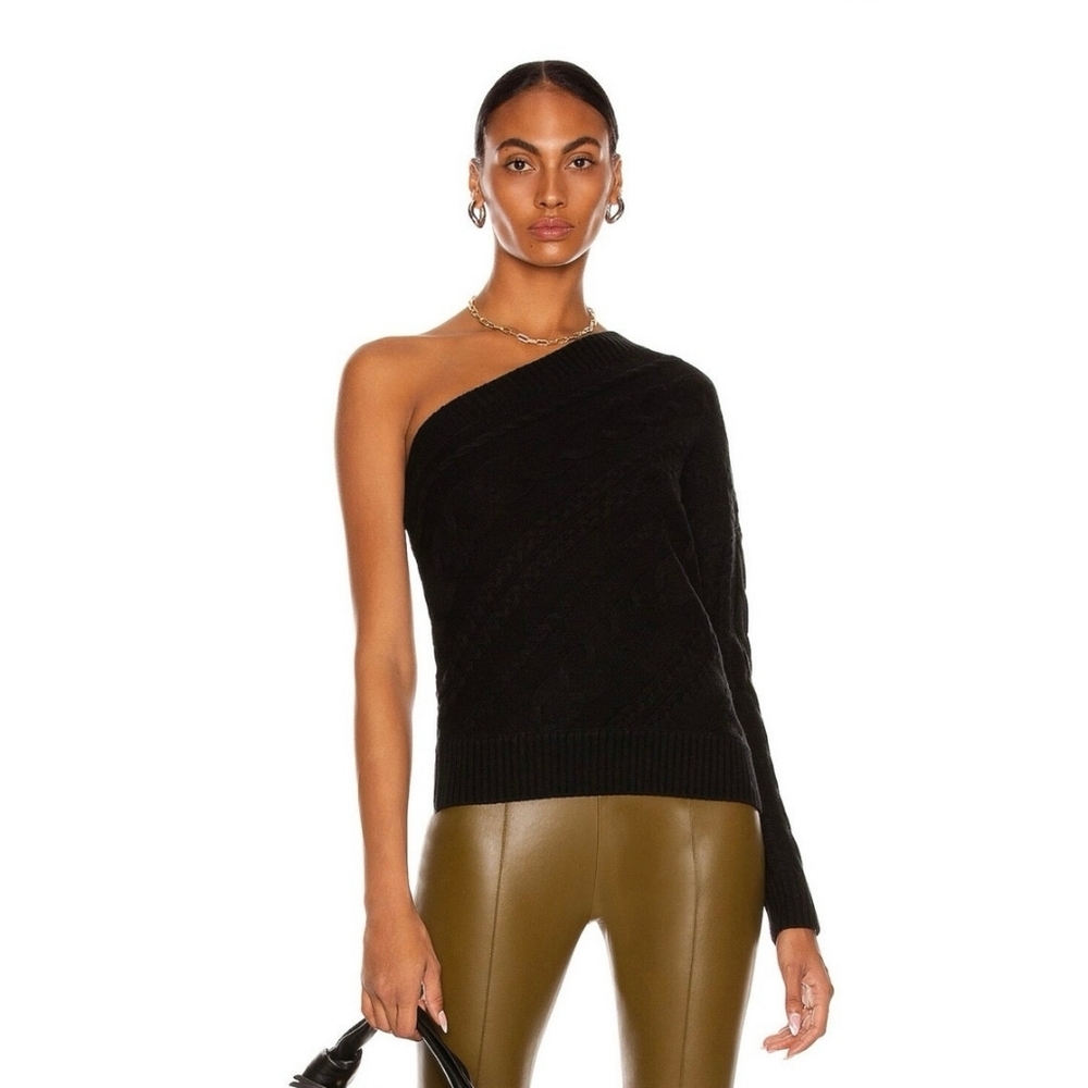 L'AGENCE Zoey Asymetrical Merino Wool Cable Knit Sweater In Black Sz XS